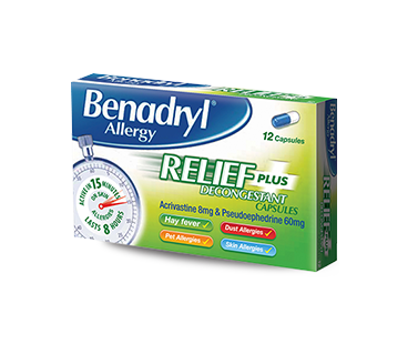 Benadryl Relief Plus Decongestant (acrivastine/pseudoephedrine) 