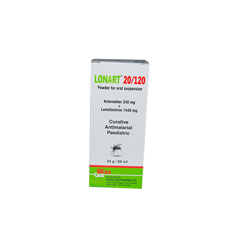 Lonart 20/120 (Atemether 240mg + Lumenfantrine 1440mg) Suspension 60ml